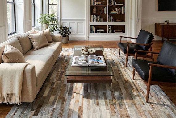 Taupe Striped Patchwork Cowhide Rug | Custom Size Leather Rug