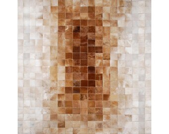 Patchwork Rindsleder Teppich: Beige Farbverlauf Quadrate, Handgefertigte Lederfliesen