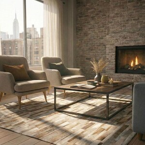 Taupe Striped Patchwork Cowhide Rug in New York City apartment with powder blue sofa and beige armchairs. The exposed brick wall has a chimney, and the sheer curtains let the sun in softly.