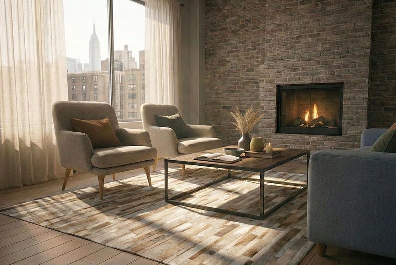 Taupe Striped Patchwork Cowhide Rug in New York City apartment with powder blue sofa and beige armchairs. The exposed brick wall has a chimney, and the sheer curtains let the sun in softly.
