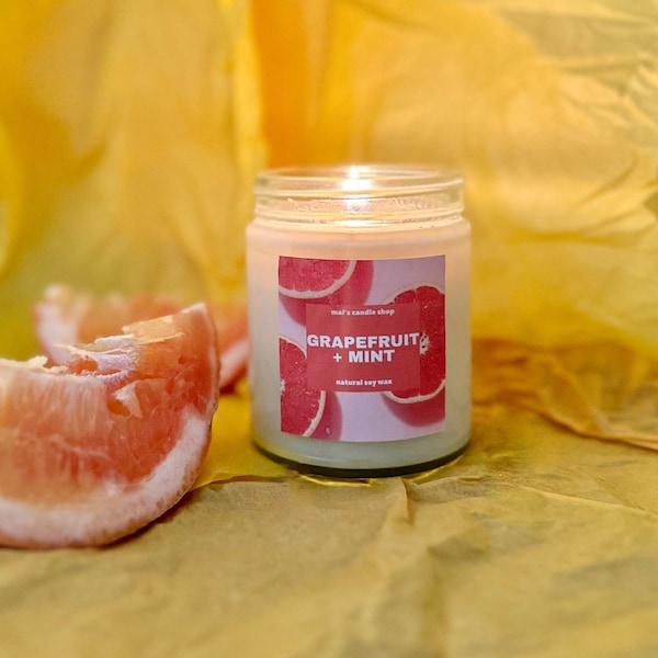 Grapefruit + Mint Scented Natural Hand-Poured Soy Candle (CUSTOM LABEL AVAILABLE)