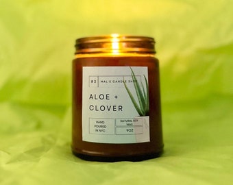Aloe + Clover Natural Soy Wax Candle - Non Toxic Fragrance - Custom label available for gift FREE of charge!(4oz/9/oz)