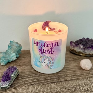 Unicorn Dust with Amethyst Crystals Soy Scented Candles CUSTOM message on label is available for gift!