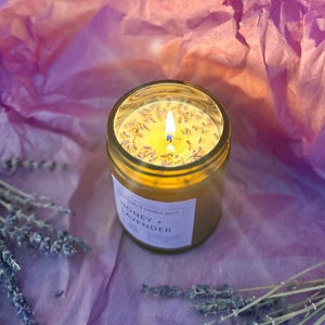 Honey + Lavender Soy Scented Candle Non-toxic with dried lavender flowers on top  CUSTOM LABEL AVAILABLE for free