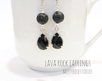 black lava earrings, lava bead earrings, lava stone earrings, lava jewelry, jewelry handmade, essential oil jewelry for women, lava crystal