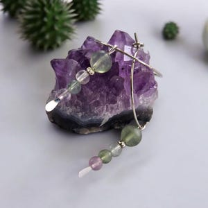 Silver & Fluorite Gem Hoop Earrings, 1 inch Hoops, 2 Inch Drop Earrings, Natural Stone Jewelry