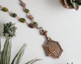 Watermelon Tourmaline Necklace, Copper and Moon Pendant Reversible, Witchy Jewelry, Gothic, Celestial, Gifts Under 50, Handmade Necklace