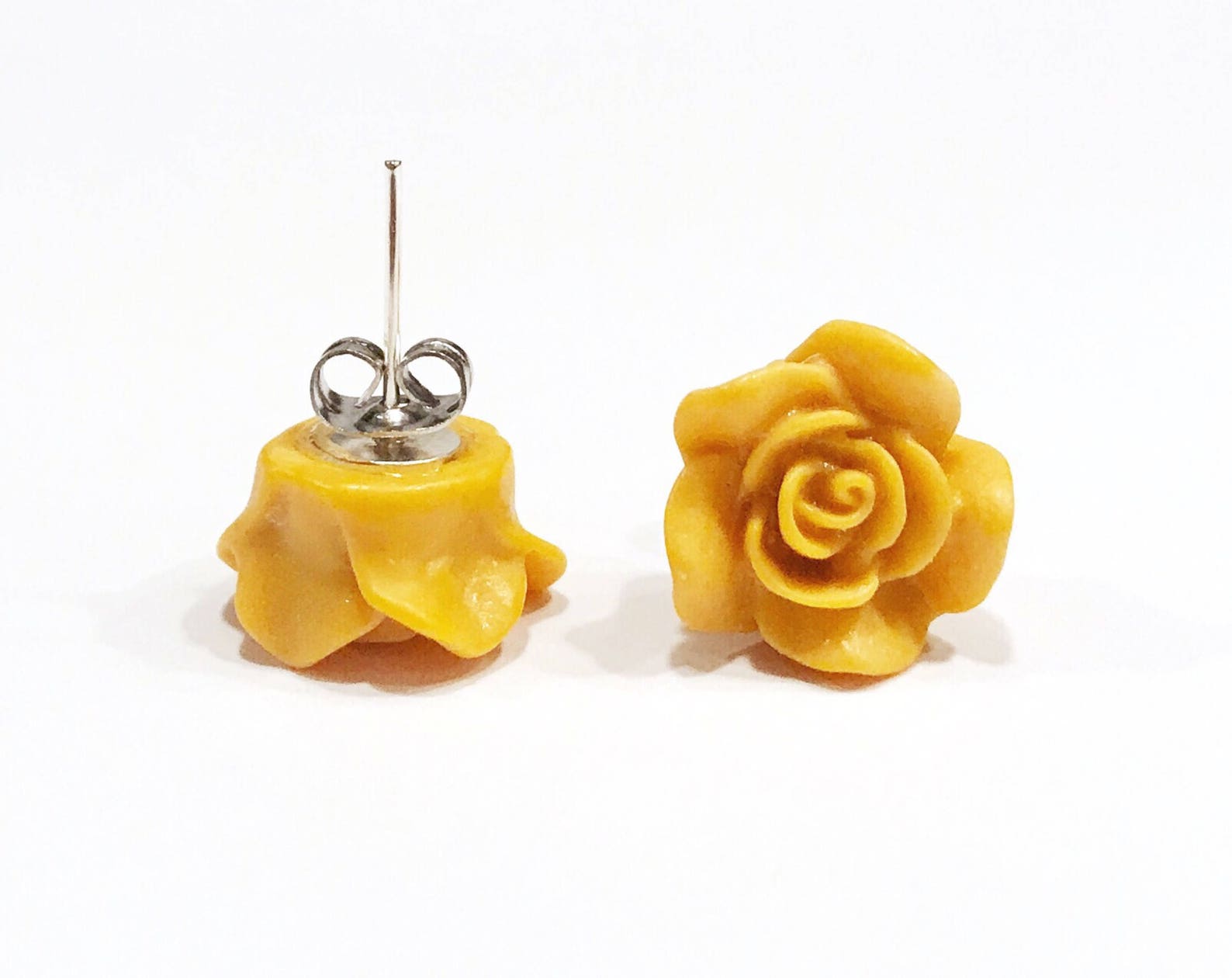 Dark yellow rose stud earrings large floral earrings resin Etsy