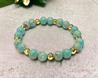 Natural Shell Turquoise Bracelet, Blue Coastal Gold Beaded Bracelets for Women, Lake Vibes, Boho Beach Style, Mothers Day Gift from Daughter