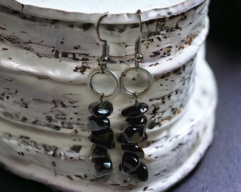 Black Obsidian Earrings | Gemstone Chip Dangle Earrings | Gunmetal Earrings | Beaded Jewelry | Boho Hippie Style | Goth Girl | Mothers Day