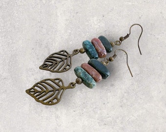 Leaf Earrings Bronze | Antiqued Brass Jewelry | Colorful Gemstone Earrings | Rustic Style Jewelry | Gifts for Nature Lovers | Hippie Jewelry