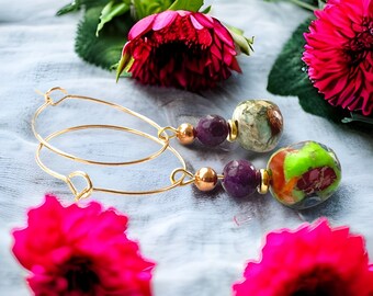 Impression Jasper Earrings Dangle | Gold Hoops | Purple Gemstone Earrings | Handcrafted Jewelry from Michigan | Valentines Day Gift