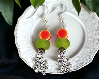 Funky Shamrock Earrings, Silver Four Leaf Clover, St Patricks Day Jewelry, Irish Gifts, Green and Orange, Recycled Glass, Sea Glass, Ceramic