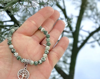 Tree Agate Bracelet, Green Beaded Bracelets for Women, Silver Tree of Life Charm, Woodland Style, Stacking Bracelets, Mothers Day Gift