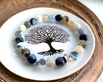Storm Line Agate Bracelet, Blue Beaded Bracelets for Women, Natural Stone Jewelry, Stretchy Bead Bracelet, Mothers Day Gift from Daughter