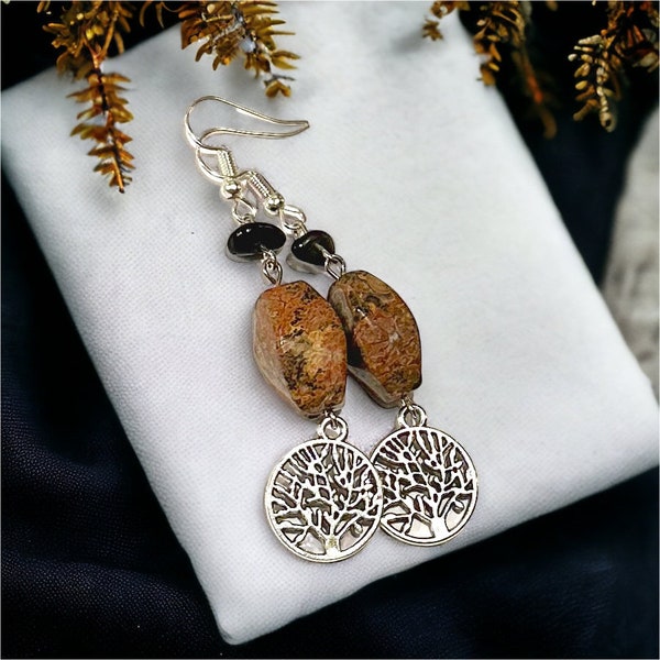 Leopard Jasper Earrings Silver, Tree of Life, Hippie Jewelry for Women, Unique Gemstone, Nature Gift Idea, Tree Lovers, Michigan Handmade