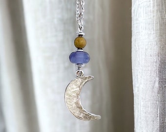 Hammered Silver Moon Pendant Necklace | Celestial Jewelry | Beaded Moon Jewelry | Recycled Glass | Gold and Purple | Druzy Agate