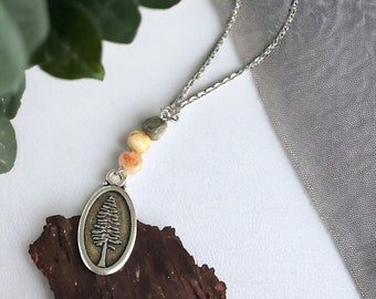 Silver Redwood Tree Necklace, Not All Who Wander Are Lost, Adventurer Gift, Hiker Gift, Rustic Jewelry, Agate Stone Jewelry, Woodland Gift
