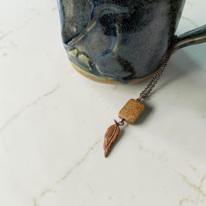 Red Copper Lined Leaf Pendant Necklace, Rectangular Jasper Stone, Handmade Gem Jewelry
