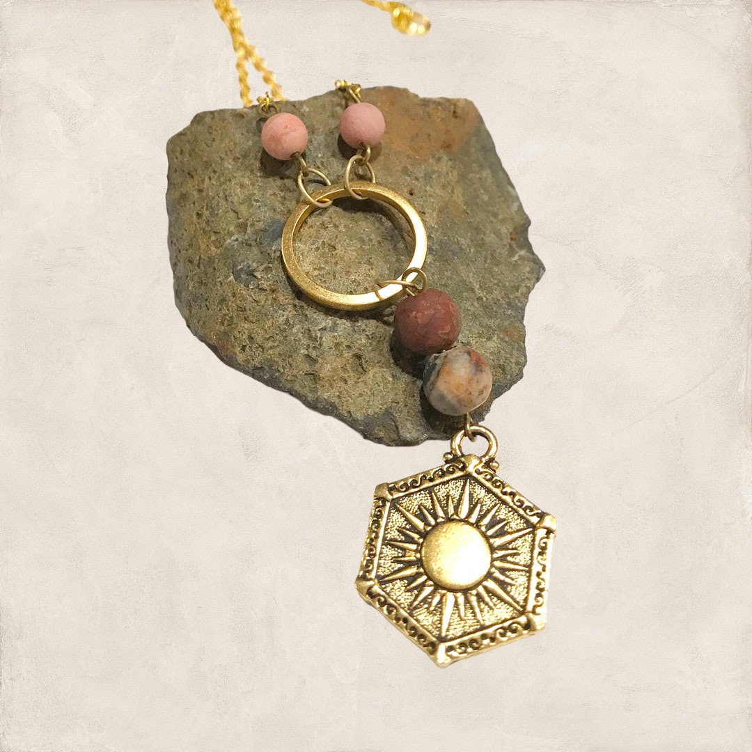 Reversible Gold Sun and Moon Necklace Gemstone Statement Necklace
