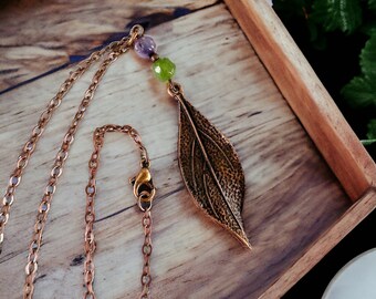 Copper Leaf Pendant Necklace, Green and Purple Stone Necklace, Fairycore Jewelry, Woodland Necklace, Whimisigoth, Textured Leaf Charm