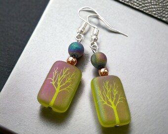 Agate Tree of Life Earrings, Green Rectangle, Earthy Girl Gifts, Druzy Agate Jewelry, Glass Bead Dangle Earrings, Hiker Gift, Gift Under 20