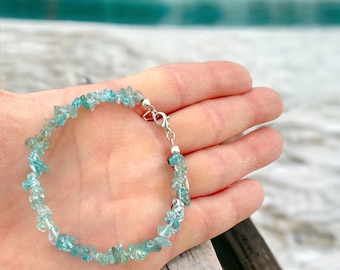 Sky Blue Apatite Bracelet, Adjustable Stone Bracelets for Women, Manifestation Jewelry, Delicate Crystal Chips, Throat Chakra, Yogi Gift