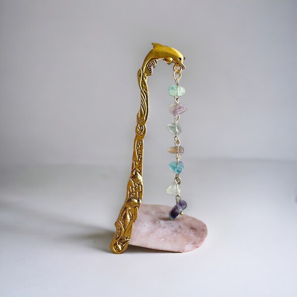 Gold Dolphin Bookmark, Book Lover Gift, Fluorite Stones, Librarian Gifts, Gifts Under 10, Metal Bookmark, Page Holder, Gifts for Writers