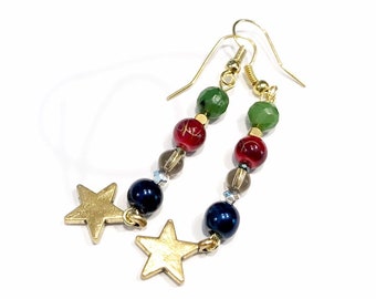 beaded gold star charm earrings, earrings handmade in michigan, beaded earrings dangle, jewelry handmade, boho hippie earrings under 30