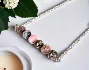 Pink Rhodonite Necklace | Natural Stone Beads | Rustic Bar Necklace | Stainless Steel Chain | Earthy Jewelry | Yin and Yang | Love Stone