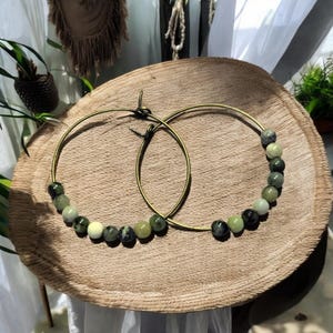 Green Serpentine Hoop Earrings, Large Stone Bronze Hoops, Antique Gold, Tiny Bead Earrings, Valentines Day Gift, St Patricks Day Earrings