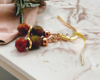Red Creek Jasper Earrings, Rustic Beaded Earrings Handmade, Short Dangle, Gift for Wife, Anniversary Gift, Girlfriend Gift Under 20