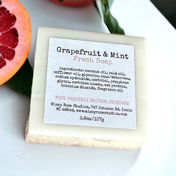 Grapefruit and Mint Soap, Handcrafted Coconut Oil Bar Soap, Michigan Made, Facial Care, Self Care, Gifts Under 10