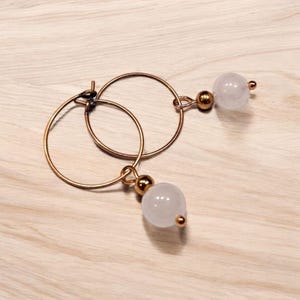 Copper Hoop Earrings With Gems, White Jade Natural Beads, Contemporary Jewelry Designs