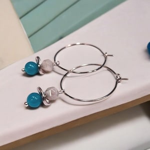 Stainless Steel Hoop Earrings, Blue Agate Gem Dangles, 1 inch Hoops
