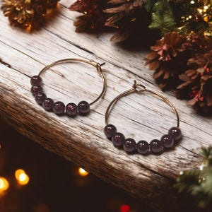 Dark Red Rhyolite Garnet Earrings, Rose Gold Beaded Hoops, Valentines Day Gift for Girlfriend, Natural Stone, January Birthstone, Love Stone