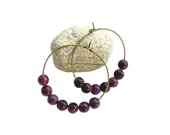 Lepidolite Earrings | Purple Gemstone Earrings | Beaded Hoops | Anxiety Stone | Bronze | Handcrafted Jewelry | Gifts for Women Friends