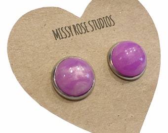 purple domed earrings handmade, michigan made jewelry, large stud earrings, stainless steel jewelry, gift for her, bestie gift under 20