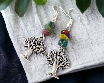 Silver Tree of Life Gemstone Earrings, Earthy Jewelry Gifts, Multi Stone Dangle Earrings, Nature Lover, Tree Lover Gift, Folk Art Earrings
