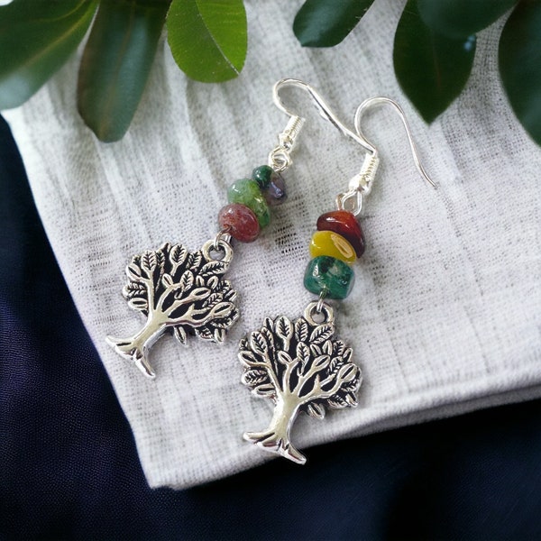 Silver Tree of Life Gemstone Earrings, Earthy Jewelry Gifts, Multi Stone Dangle Earrings, Nature Lover, Tree Lover Gift, Folk Art Earrings