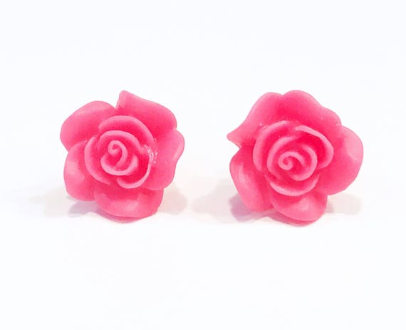 pink rose earrings hot pink studs stud earrings rose studs | Etsy