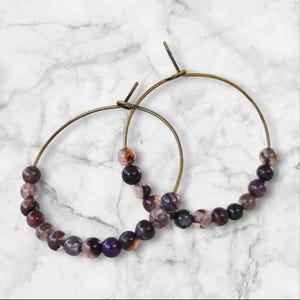 Dark Purple Agate Hoop Earrings, Large Bronze Hoops, Antique Gold, Tiny Bead Earrings, Dragon Vein Agate Jewelry, Valentines Day Gift