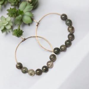 Natural Stone Hoop Earrings, Bloodstone Beaded Hoops, Chalcedony, March Birthstone, Pisces, Greyish Green Colors, Earthy Jewelry, Boho Style