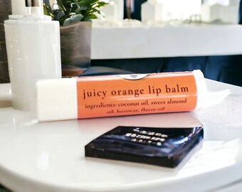 juicy orange lip balm handmade | scented beeswax lip balm | clean ingredients | lip butter | small gift under 10 | easter basket gift