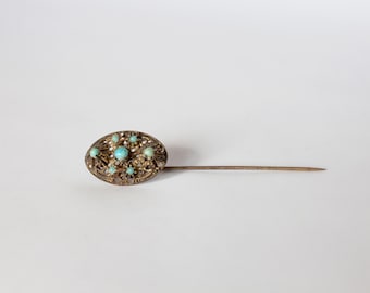 Antique Victorian Brass Filigree Stick Pin – Faux Turquoise Cabochons, c. 1890s Lapel Pin