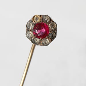 May include: A stick pin featuring a central round faceted red stone surrounded by a halo of eight smaller clear stones set in a dark metal frame. The pin has a long, thin, straight metallic stem extending downwards from the circular head.