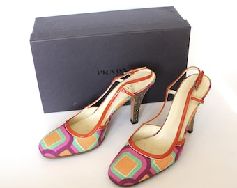 Vintage PRADA Slingback with Rhinestone Heels, Size 39 1/2, Made in Italy, 1998