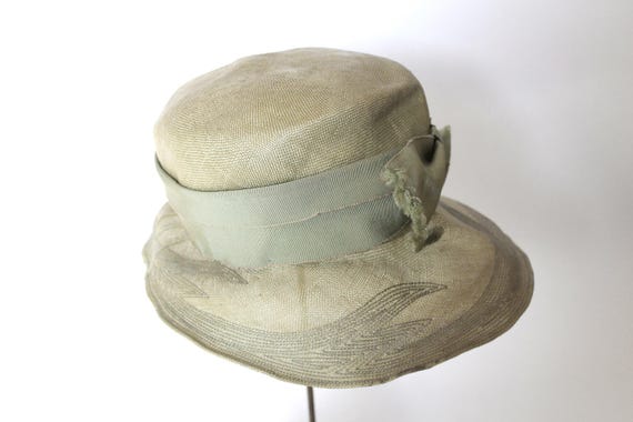 Antique 1920s 1930s French Straw Hat with Grosgrain Ribbon, Art Deco Stitching