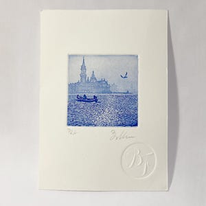 Original Blue Etching of European Scene, Early 2000s