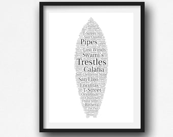 California Surfboard Art Print - Surf Beaches Typography